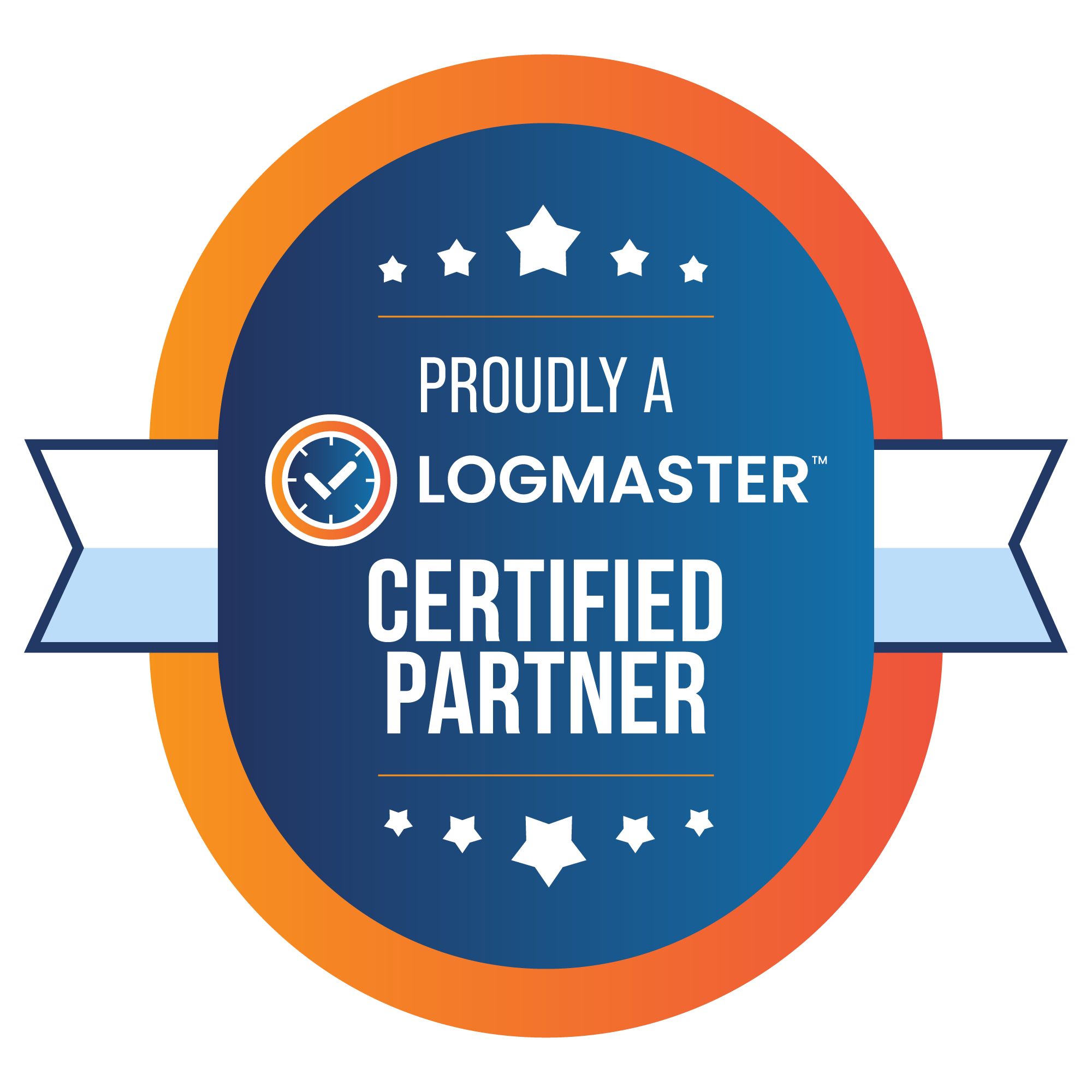 A blue and orange oval badge with a small clock logo and the text "Proudly a Logmaster Certified Partner" in white, featuring white stars and ribbons, symbolises commitment to transport compliance.