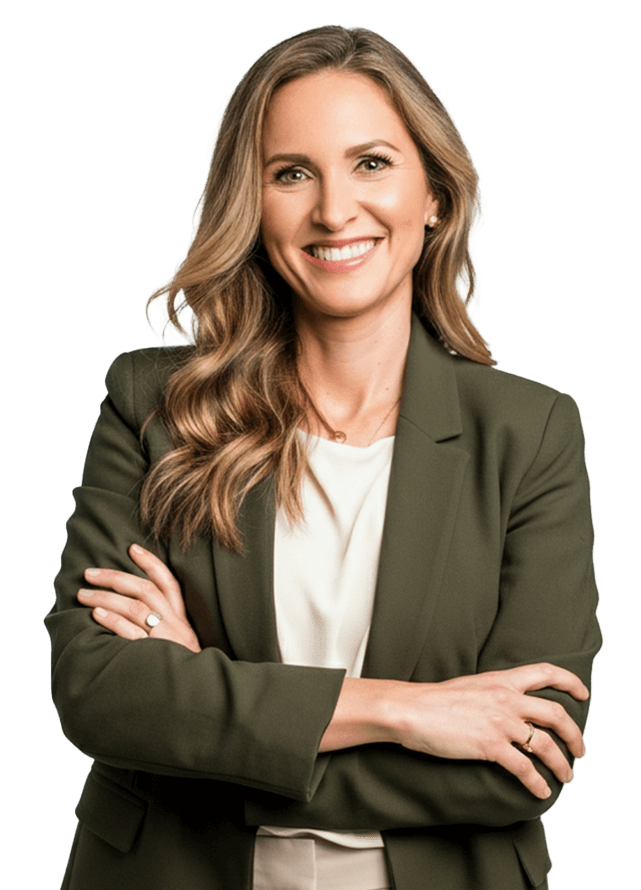 A woman with long, wavy light brown hair wearing a green blazer and white blouse stands with arms crossed, smiling at the camera against a plain white background.