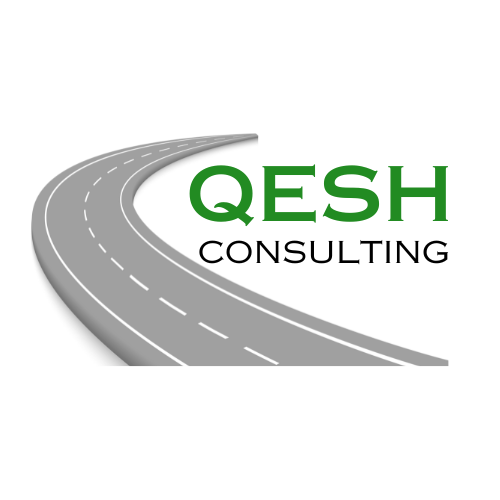 A curved grey road with dashed white lines is on the left. To the right, green text reads "QESH" above black text that says "CONSULTING," all on a white background.