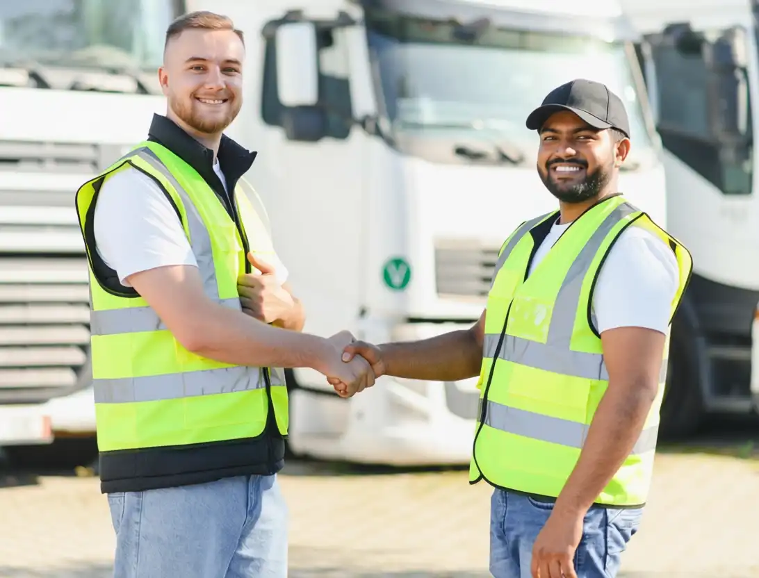 Two men wearing reflective safety vests and casual clothes are shaking hands and smiling whilst standing outdoors in front of white lorries.