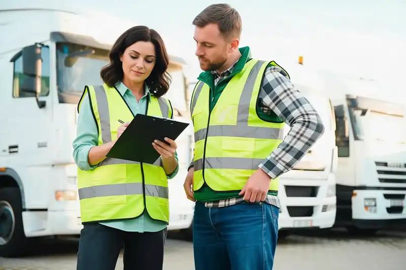Two people wearing reflective safety vests stand outdoors in front of white lorries. The woman is holding a clipboard and writing, while the man looks at the clipboard. Both appear to be engaged in a work-related discussion.
