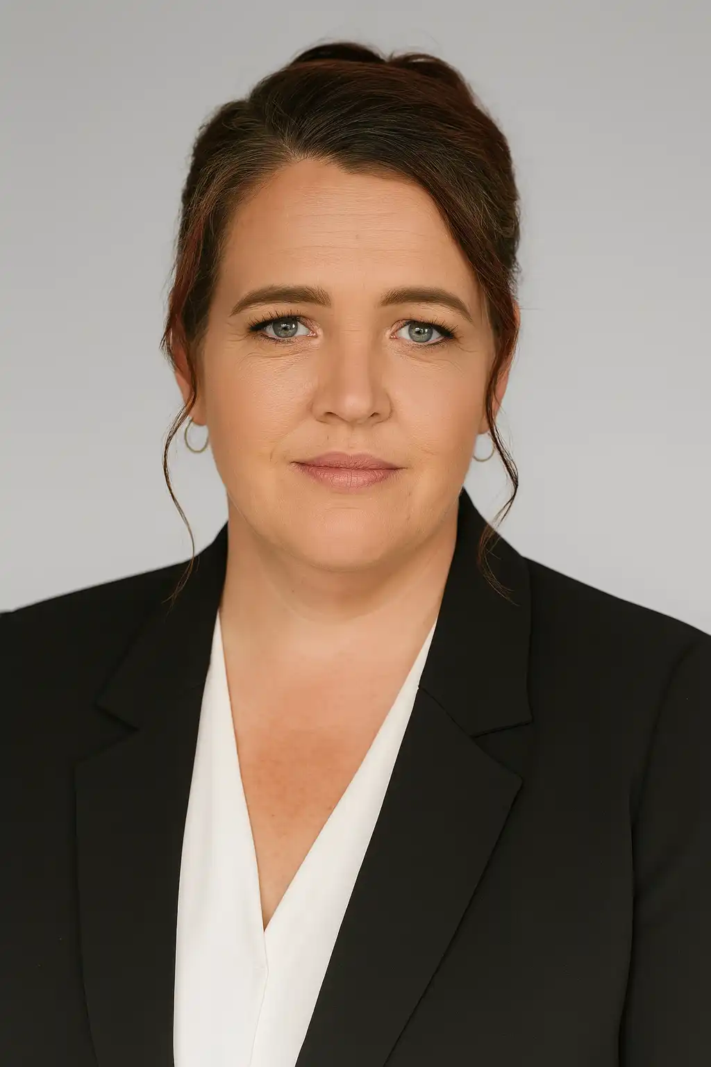 A woman with light skin, blue eyes, and brown hair styled in an updo, wearing a black blazer over a white blouse, poses against a plain light grey background.